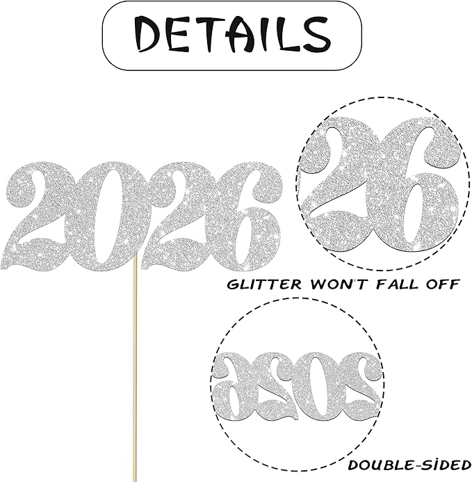 12pcs Silver 2026 Number Theme Centerpiece Sticks Glitter 2026 Graduation Centerpieces for Table New Year Eve Party Table Decorations for Hello 2026 Christmas Party Supplies