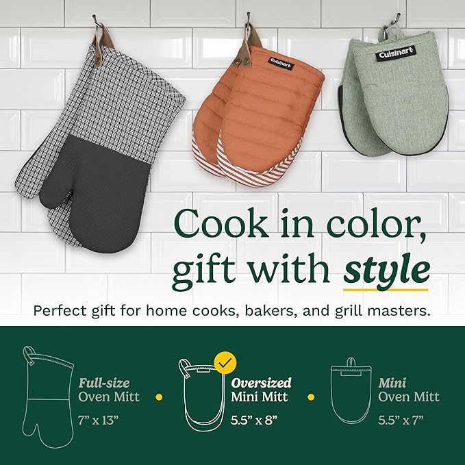 Cuisinart Silicone Mini Oven Mitts–5” x 8.5” Heat-Resistant Kitchen Mitts for Oven with Non-Slip 100% Silicone Palm, Cotton Filling, and Hanging Loop–Durable Oven Mitt Set for Cooking & Baking