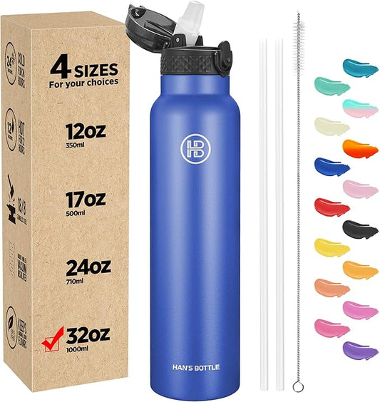 Han's Bottle Sports Water Bottle - 32 Oz, Straw Lid, Leak Proof, Vacuum Insulated Stainless Steel, Double Walled, Thermo Mug,Navy Blue