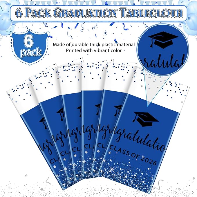 6 Pack Class of 2026 Graduation Tablecloths,Foil Dot Plastic Disposable Rectangle Table Covers for 2026 High School University College Graduation Party Decorations,108*54 Inch (Blue and Black)
