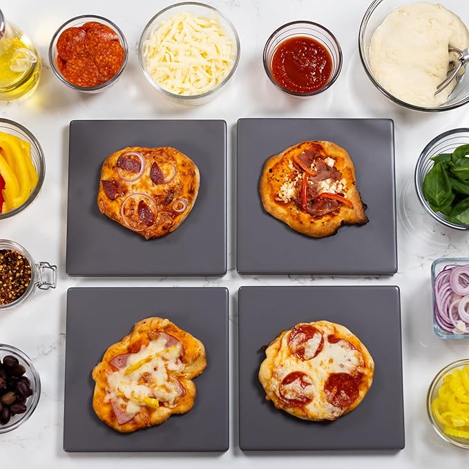 Old Stone 4-Piece Glazed Cordierite Pizza Stone Set, Four 7.5 inch Stones Form 15 x15 inch Baking Surface, Durable, Heat-Resistant for Oven & Grill