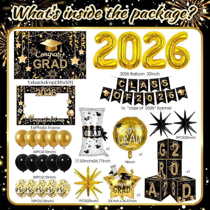 2026 Graduation Decorations Class of 2026 Black and Gold Congrats Grad Balloons,Banner,Backdrop,Photo Booth Props,Cards Boxes Kit for Graduation Party Decorations in Indoor or Outdoor (Graduation)