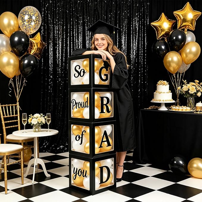 Graduation Decorations 2026 Set of 4 Boxes with 20pcs Balloons and Letters 2026 GRAD So Proud of You - Class of 2026 Party Supplies for High School & College Celebrations