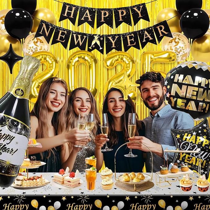 New Years Eve Party Supplies 2025, Gold and Black Balloons Supplies Set with 2025 Foil Balloon, Happy New Year Decorations 2025 Kit Latex Balloons New Year Banner Curtains Backdrop for NYE Decoration