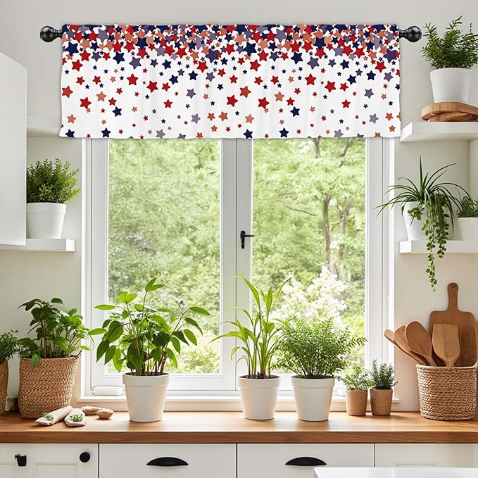 54x18Inch Star Print Topper Curtains Red Blue White Independence Day 4th of July Semi Sheer Window Treatment Bedroom Kitchen Patriotic Decor Rod Pocket Short Voile Valance Drapes
