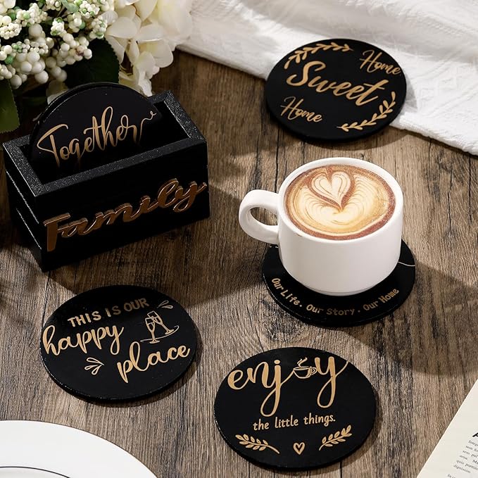 Queekay Coasters Set of 6 House Warming Gifts New Home Wooden Farmhouse Drink Coasters with Holder 4'' Funny Decoration for Kitchen Family Coffee Bar Tabletop Protection(Black Gold)