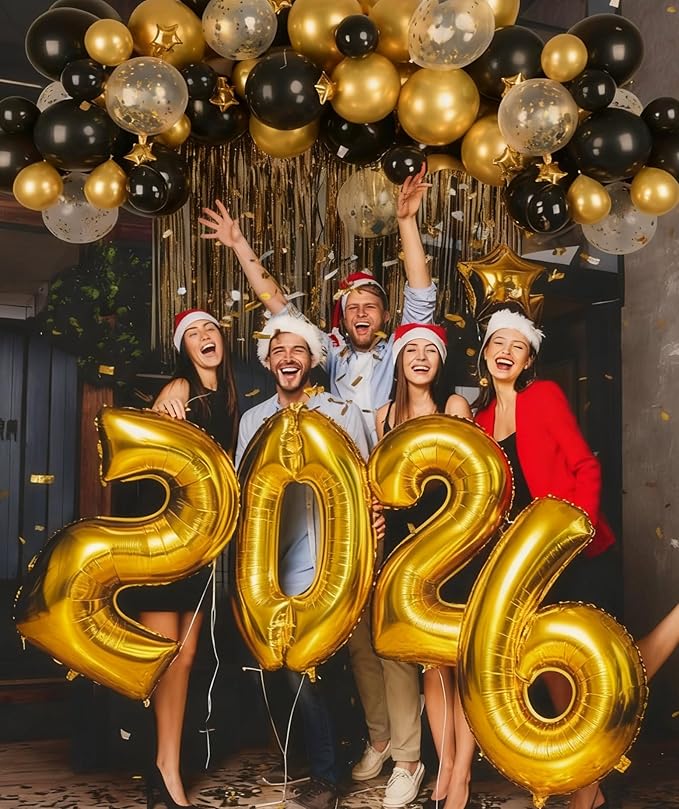 New Years Eve Party Supplies 2026 Kit - Pack of 153, Huge Gold 2026 Balloons,Happy New Year Banner,Black and Gold Hanging Swirls, Gold Fringe Backdrop for NYE Decorations 2026
