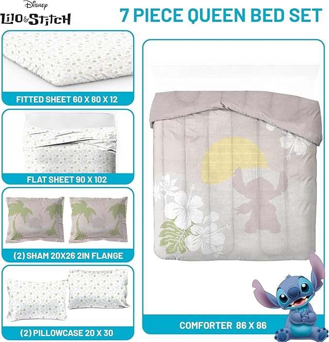 Jay Franco Disney Lilo and Stitch Queen Size Comforter Set - 7 Piece Bedding Includes Sheet Set & Pillow Covers - Super Soft Cozy Bedding