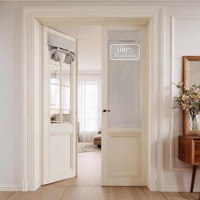 NICETOWN 100% Blackout Linen Door Curtain for French Front Door, Thermal Insulated Room Darkening Window Covering for Kitchen Living Room, Privacy Tie Up Shade, 1 Panel, 26W x 64" L, Light Grey