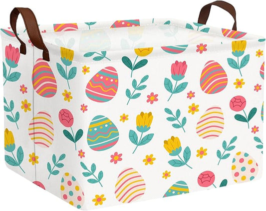 Large Rectangular Easter Baskets Empty Waterproof Boy Toy Box Foldable Kid's Gifts Storage Bin Spring Room Decor(Rose Egg)