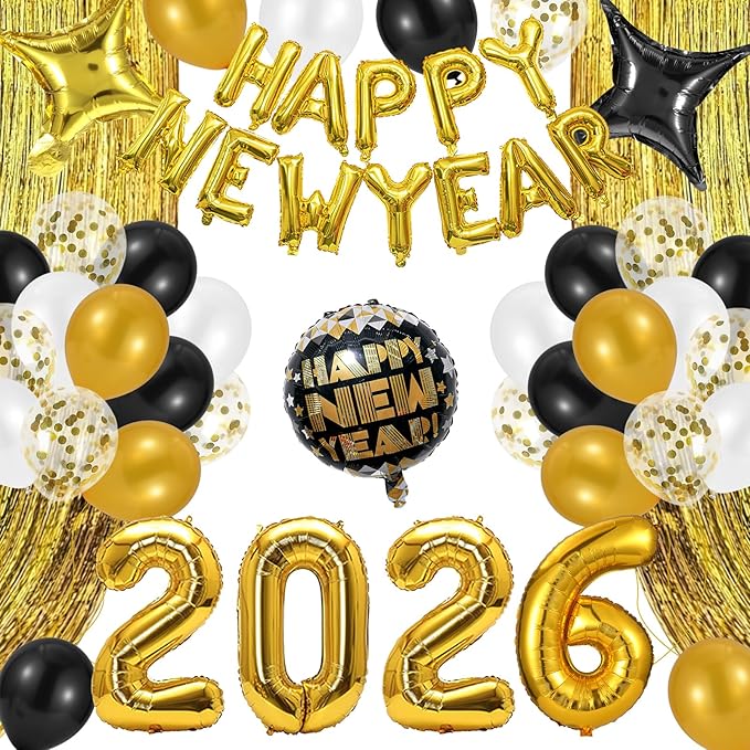 Happy New Year Party Decoration, 2026 Happy New Year Foil Balloon Banner and Metallic Curtains Photography Backdrops Party Decorations for NYE Party Supplies