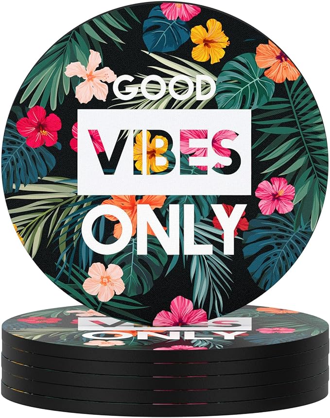 Nipichsha Coasters for Drinks, Set of 6 Cute Absorbent Rubber Drink Coasters for Cup with Non Slip Backing, Kitchen Home Decor Housewarming Gift, Round 4 in, Flowers Good Vibe
