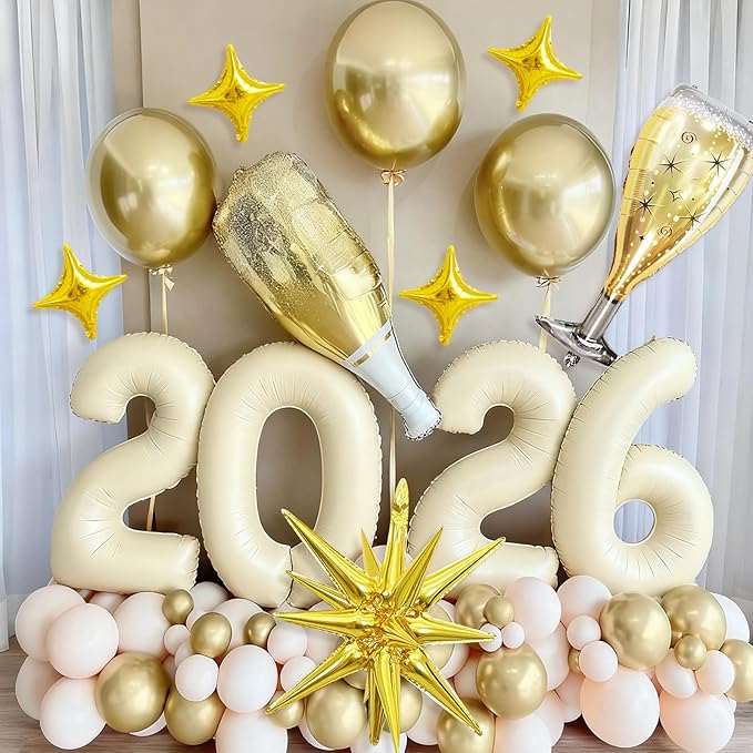Cream White 2026 Balloons, 40 Inch Number 2026 Nude White Foil Balloons Gold Star Balloon Champagne Bottle Glass Balloon for Happy New Years Eve Party Supplies 2026 Class of 2026 Graduation Decoration