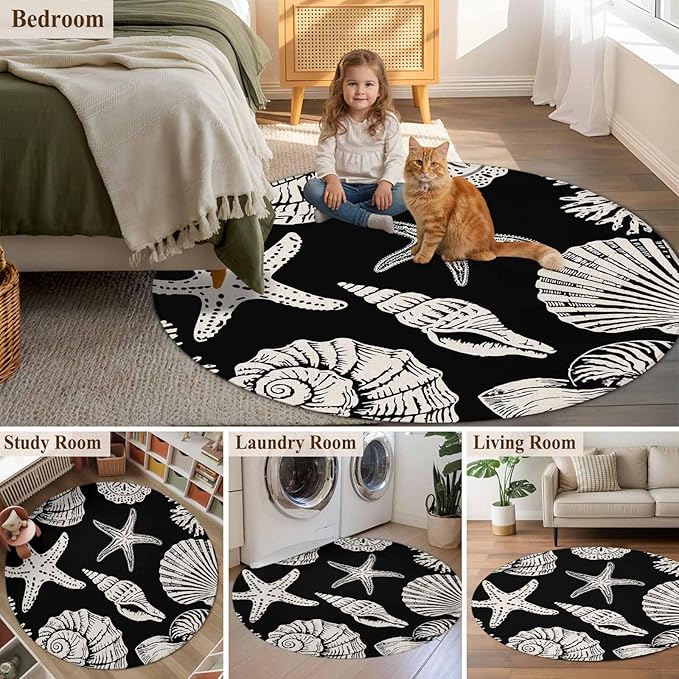 Washable Round Area Rug Marine Starfish Shell Conch Circle Rugs Floor Carpet for Living Room Bedroom, Ocean Life on Black Soft Non Slip Round Rug 3ft