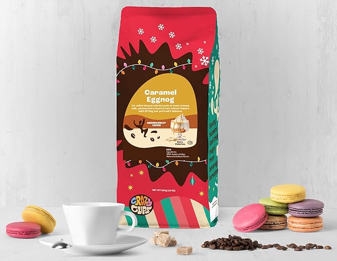 Crazy Cups Flavored Ground Eggnog Coffee, Caramel Eggnog Coffee in 10 oz Bag, For Brewing Flavored Hot or Iced