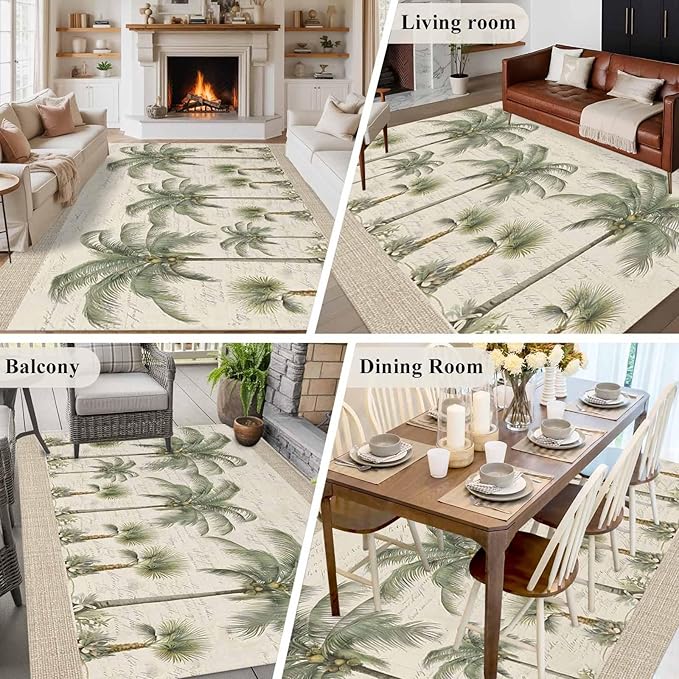 Area Rug 8x10ft, Coastal Tropical Olive Green Palm Trees Washable Rugs for Living Room Bedroom, Classic Retro Linen Soft Non-Slip Area Rugs Rectangle Floor Carpet for Dining Room