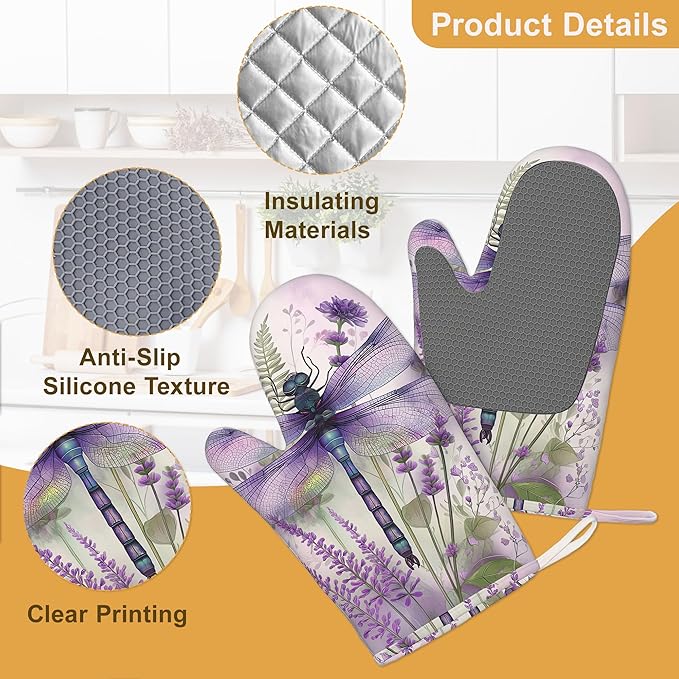 Watercolor Dragonfly Oven Mitts and Pot Holders Set of 4,Lavender Floral Kitchen Glove Heat Resistant Oven Mitts with Non-Slip Silicone for Baking, Cooking, BBQ