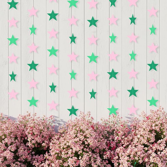 Patelai 130 Feet Glitter Star Garland Banner 2026 Party Decoration Double Side Star Hanging String Streamer Paper Twinkle for Graduation Wedding Birthday (Pink and Green)