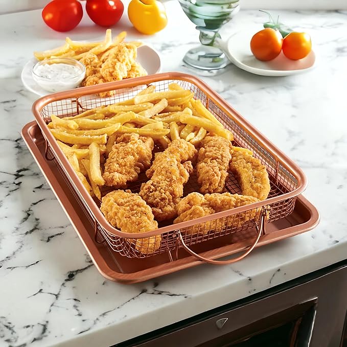 Baking with G&S Nonstick Crisper Basket with Baking Pan, Copper, 2 Piece Set, Durable and Easy to Use