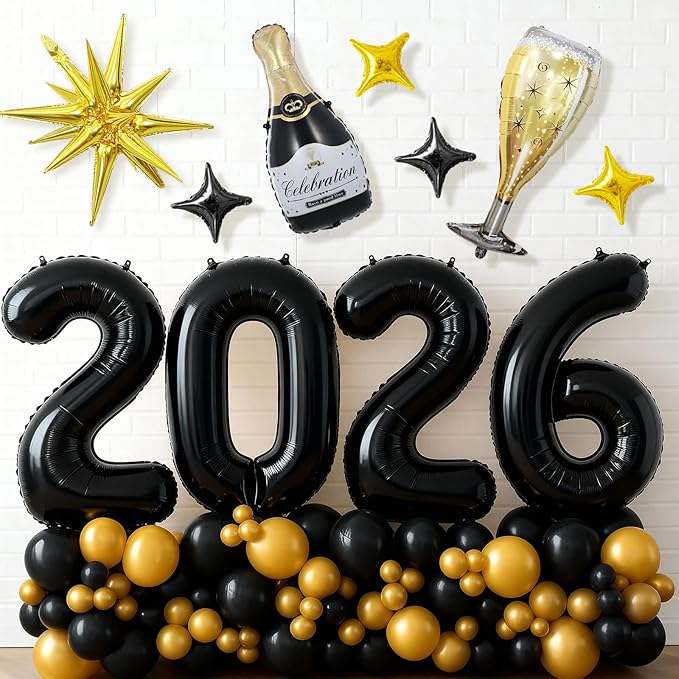 Black 2026 Balloons, 40 Inch Number 2026 Black Foil Balloons, Gold Black Star Balloon, Champagne Bottle Glass Balloon for Happy New Years Eve Party Supplies 2026 Class of 2026 Graduation Decorations