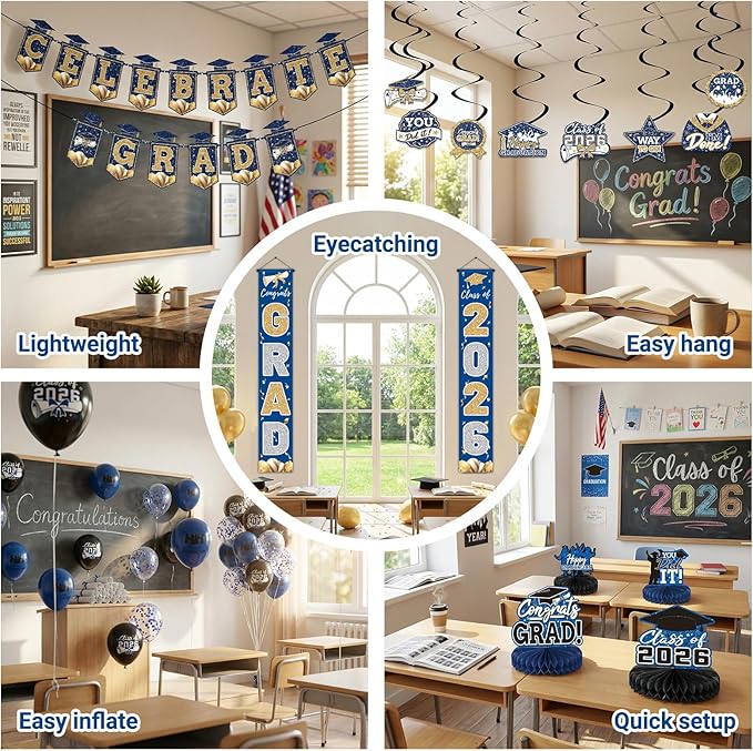 Blue 2026 Graduation Party Decor Kit-Includes Backdrop, Banner, Balloons, Hanging Ornaments & Honeycomb Decorations for Class of 2026 -Full Set for High School and University Graduation Events