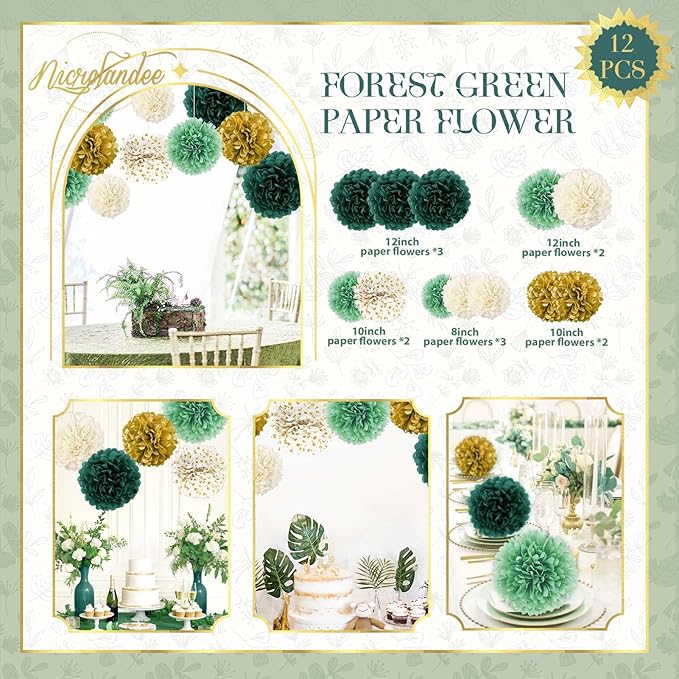 NICROLANDEE Green Wedding Party Decorations - 12 PCS Emerald Green Ivory Tissue Paper Pom Poms for Neutral Baby Shower, Vintage Party, Birthday, Bridal Showers, Rustic Wedding Decorations