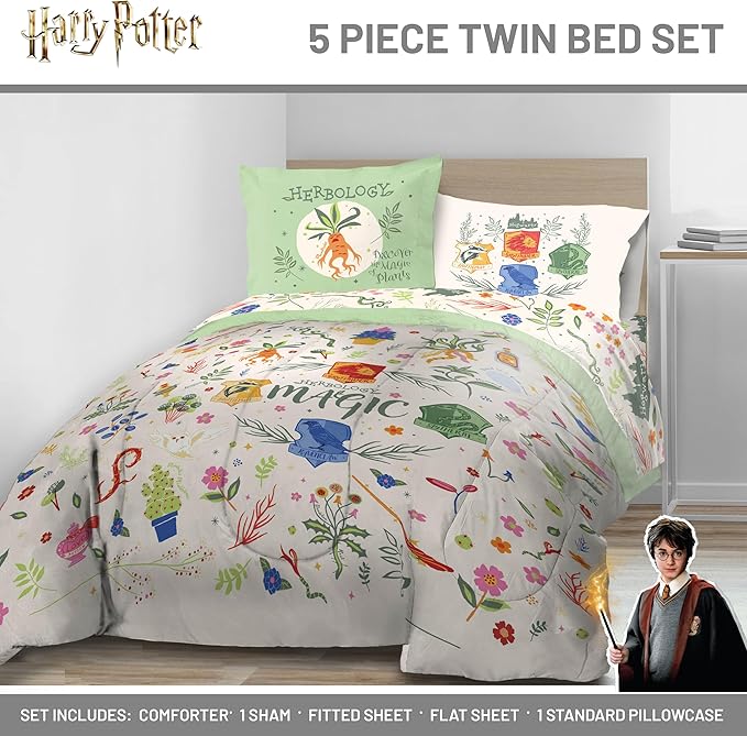 Jay Franco Harry Potter Twin Size Comforter Set - 5 Piece Bedding Includes Sheet Set & Pillow Covers - Super Soft Hogwarts Herbology Bedding