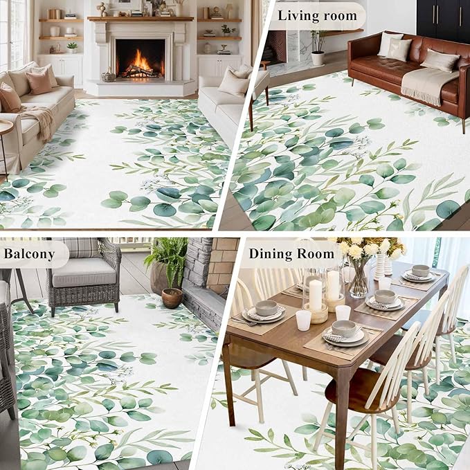 Sage Green Eucalyptus Leaves 5x7 Area Rugs, Farmhouse Botanical Non-Skid Rubber Backing Large Rectangle Rugs - Living Room Bedroom Home Office, Country Indoor Floor Mat Carpets Washable Rug