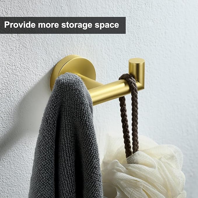 Towel Hooks for Bathrooms, Brushed Gold Towel Hook for Kitchen Bathroom, SUS304 Stainless Steel Coat Hook, Heavy Duty Double Towels Holder Hooks for Hanging Towels,Coats, sponges, Wall Mount, 1 Pack