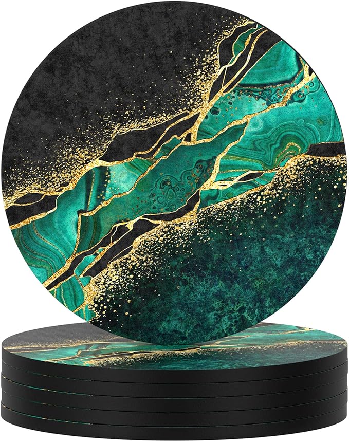 Nipichsha Coasters for Drinks, Set of 6 Cute Absorbent Rubber Drink Coasters for Cup with Non Slip Backing, Kitchen Home Decor Housewarming Gift, Round 4 in, Luxury Teal Marble