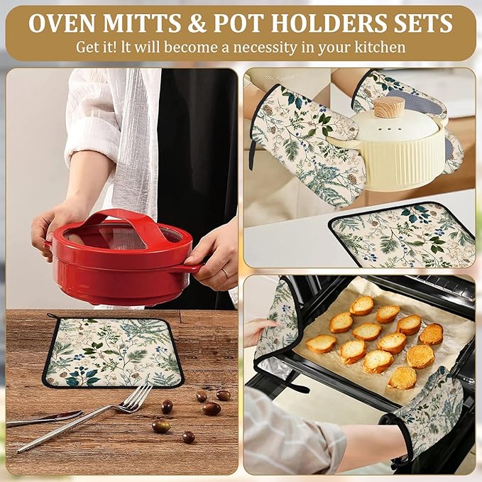 Botanical Print Oven Mitts and Pot Holders Sets 4Pcs Wildflower Herb Silicone Kitchen Gloves Heat Resistant Potholders for Baking Cooking Grilling BBQ