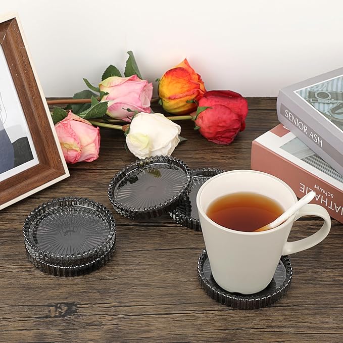 JUXYES 8 Pack Clear Black Crystal Coasters Round Cup Mat, Glass Coasters for Drinks Coffee Tea Wine, Decorative Wine Bottle Coaster, Crystal Drink Coasters for Restaurant bar Kitchen Dining Table