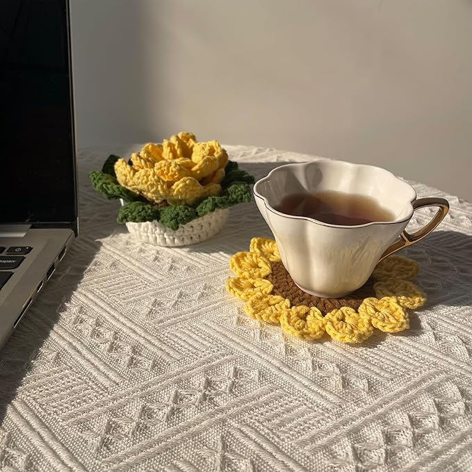 DICHA Sunflower Crochet Coasters with Plant Pot-Container Beverage Coaster Sets with Holder Bar Coasters for Drinks Coffee Table Desk-Succulent Plant Pot Coaster-Set of 5