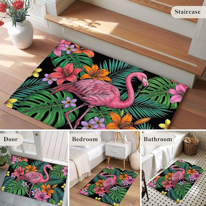 Area Rug 2x3ft, Pink Flamingos Tropical Leaf Washable Rugs for Living Room Bedroom, Colorful Lily Blossom Floral Soft Non-Slip Area Rugs Rectangle Floor Carpet for Dining Room