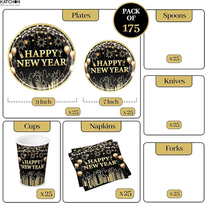 KatchOn, Huge New Years Eve Party Supplies 2026 - Pack of 231 | Wall Banner, Plates, Napkins, Tablecloth, Hats, Table Cover & Balloons For Happy New Year Decorations | New Years Eve Decorations 2026