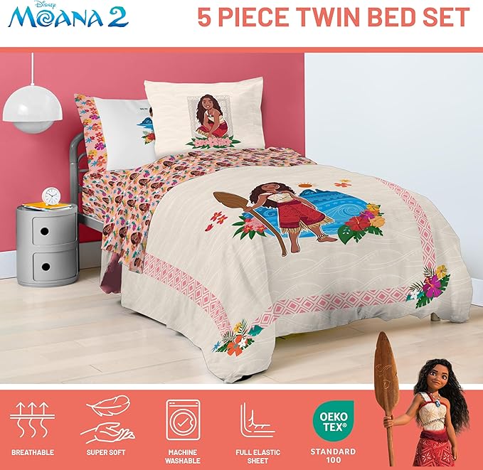 Jay Franco Disney Moana Twin Comforter Set - 5 Piece Bedding Includes Sheet Set & Pillow Covers - Super Soft Floral Cozy Bedding