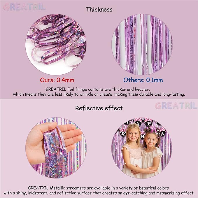 Pink Tinsel Curtain Party Backdrop - GREATRIL Foil Fringe Curtain Lilac Pink Party Streamers for Birthday Girl Themed Party Decorations - 2 Packs