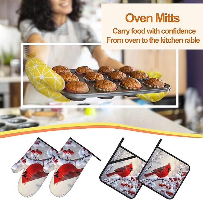 Red Bird Pattern Oven Gloves and Hot Pads Set - Heatproof Hand Protection for Baking, Grilling, Cooking 4Pcs