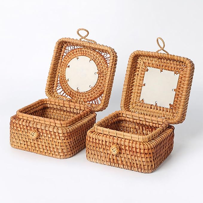 Rattan Box with Lid: Blue-and-White Porcelain Decorative Rattan Storage Box, Hand-Woven Wicker Storage Basket with Lid, for Sundries Tea Case Picnic Food Containers (Square 2, 4.33in*4.33in* 2.36in)