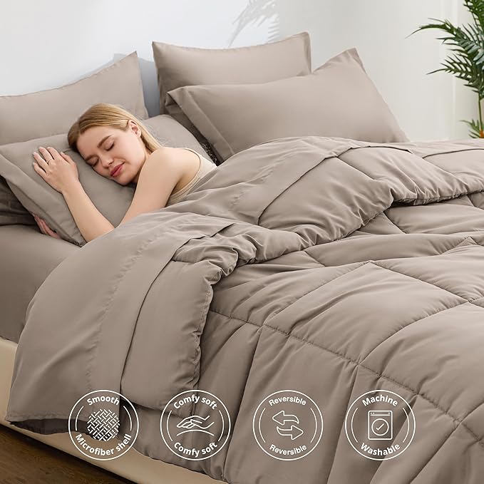 Love's cabin Twin Comforter Set Light Brown, 5 Pieces Twin Bed in a Bag, All Season Bedding Sets with 1 Comforter, 1 Flat Sheet, 1 Fitted Sheet, 1 Pillowcase and 1 Pillow Sham | Soft, Breathable, Lightweight, Comfortable