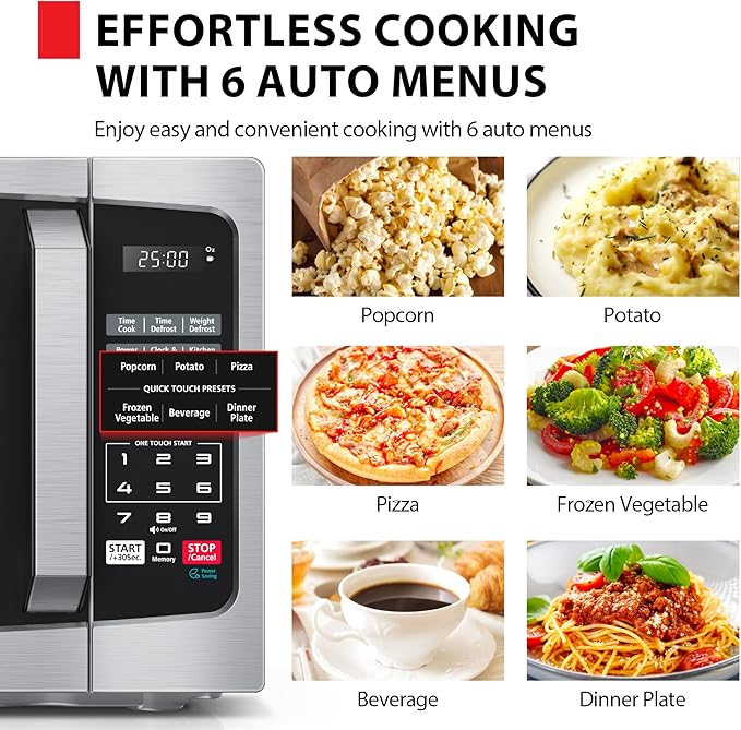 TOSHIBA ML-EM09PA(SS) Small Microwave Oven with 6 Auto Menus, Mute Function, LED Lighting, Countertop Microwave Perfect for Apartments, 0.9 Cu Ft, 10.6 Inch Removable Turntable, 900W, Stainless Steel