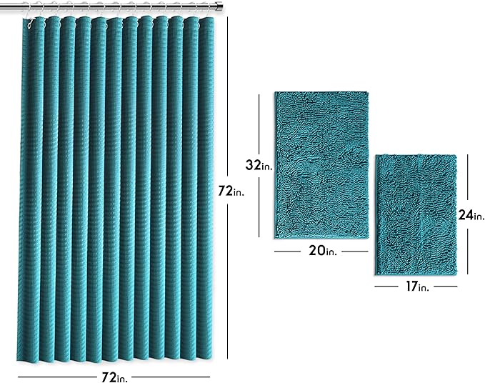 Clara Clark Teal Shower Curtain Set with Rugs - Bathroom Sets with Shower Curtain and Rugs, Fabric Shower Curtains and 2 Bath Mats, Modern Bathroom Shower and Curtain Sets for Tub Or Stall
