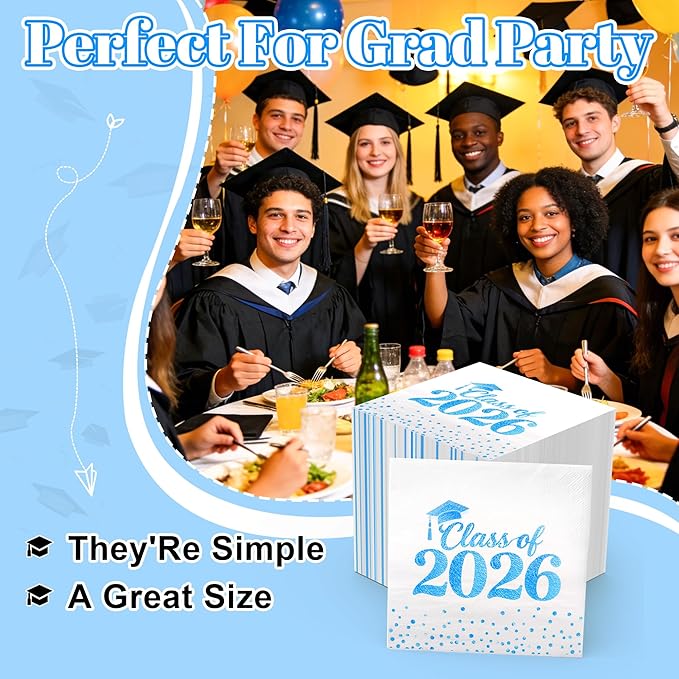 Graduation Napkins - Class of 2026 Napkins Disposable Paper Napkins Congrats Grad Cocktail Napkins Graduation Decorations 2026 Light Blue Napkins Hand Towels for Graduation Party Decorations 50 Pcs