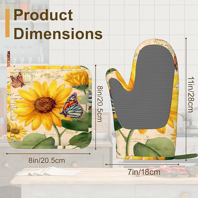 Sunflower Floral Butterfly Oven Mitts and Pot Holders Sets,Silicone Kitchen Mitts Potholders Heat Resistant 4Pcs Oven Gloves Hot Pads for Kitchen Baking Cooking