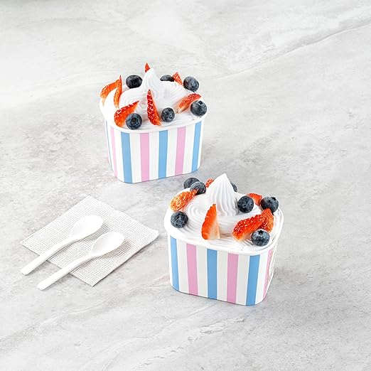 Restaurantware Paper Cups 50 Count 12 Ounce Square Disposable Ice Cream Containers, Leak-Resistant Paper Dessert To Go Cups, Hot And Cold Food, Durable Pink And Blue Stripe Design
