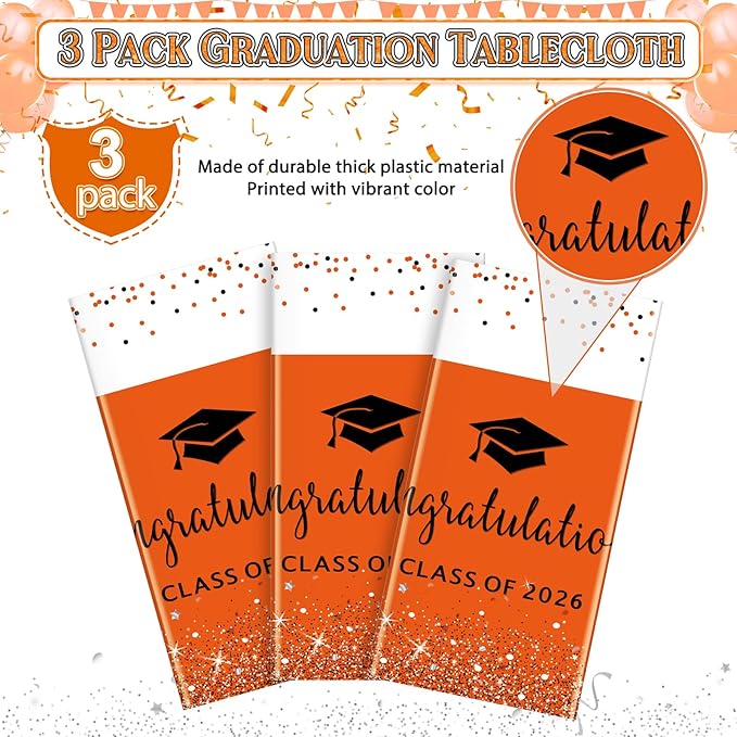 3 Pack Class of 2026 Graduation Tablecloths,Foil Dot Plastic Disposable Rectangle Table Covers for 2026 High School University College Graduation Party Decorations,108*54 Inch (Orange and Black)