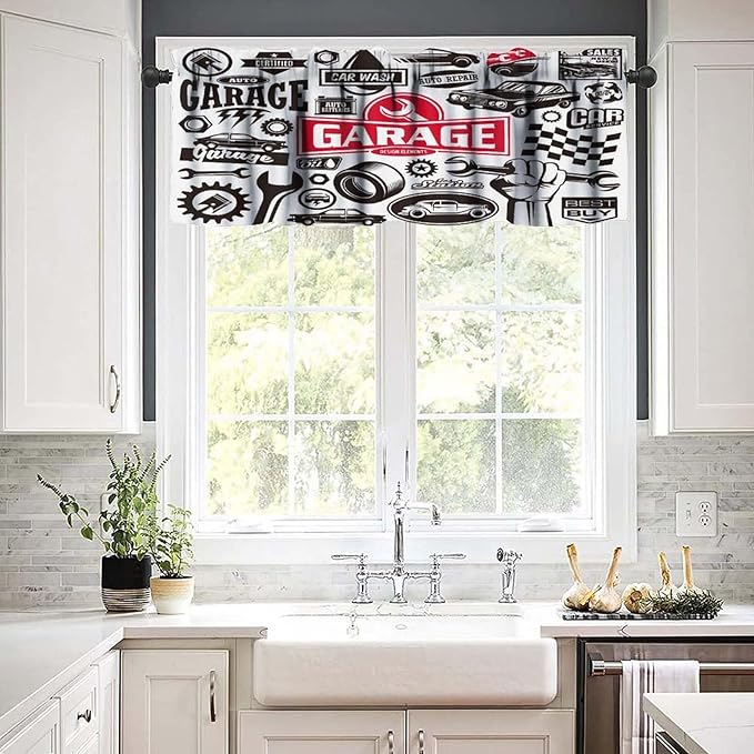 Car Service Garage Symbol Valances Curtains, Transportation Vehicle Icon Set, Design Elements of Logo Windows Short Curtain Valance for Kitchen Bedroom With Rod Pocket, 1 Panel 54X18 Inches