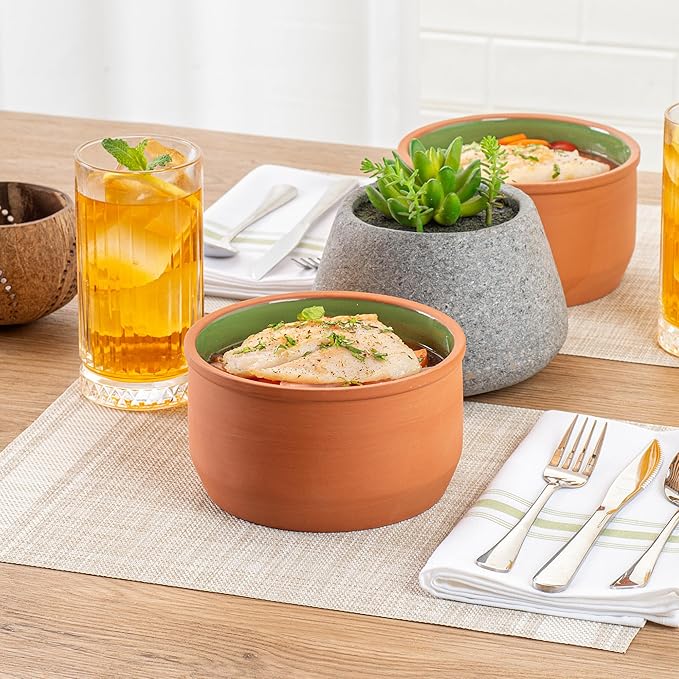 Restaurantware-Terra Tek 34 Ounce Terracotta Cazuelas, 2 Green Glazed Clay Pots For Cooking - Oven-Ready, Microwavable, Terracotta Serving Pots, Dishwashable, For Cooking And Serving