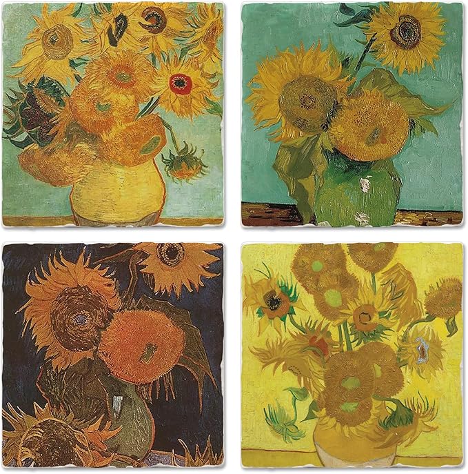 Thirstystone Van Gogh Sunflowers 4 Pack Assorted Tumbled Tile Stone Coasters with Protective Cork Backing Manufactured in The USA Absorbent Easily Wipes Clean