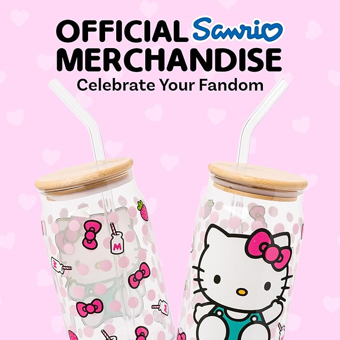 Silver Buffalo Sanrio Hello Kitty Strawberry Milk Bow Pink Polka Dot Glass Jar Tumbler with Bamboo Lid and Glass Straw, 16 Ounces
